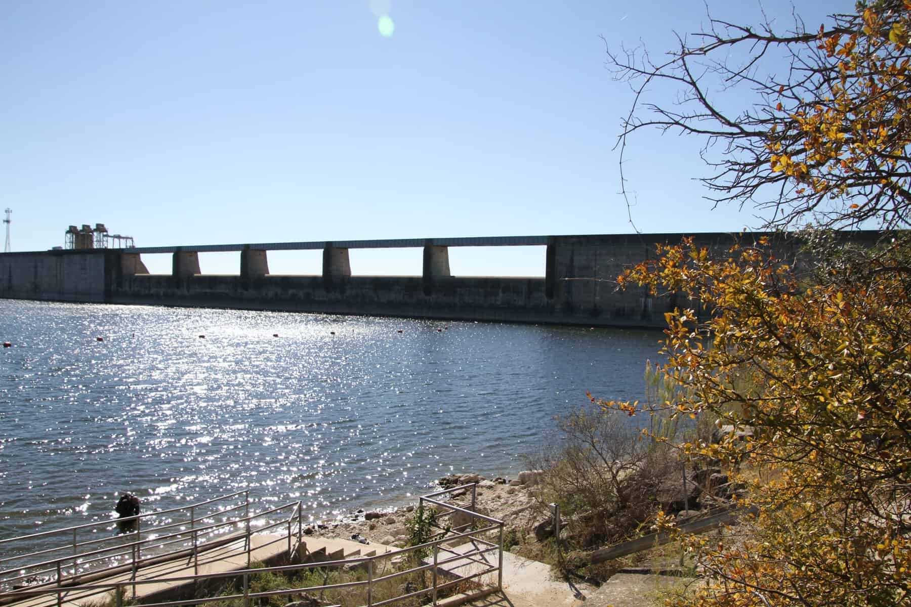 Mansfield Dam and its spillway gates holding back Lake Travis near Austin, Texas