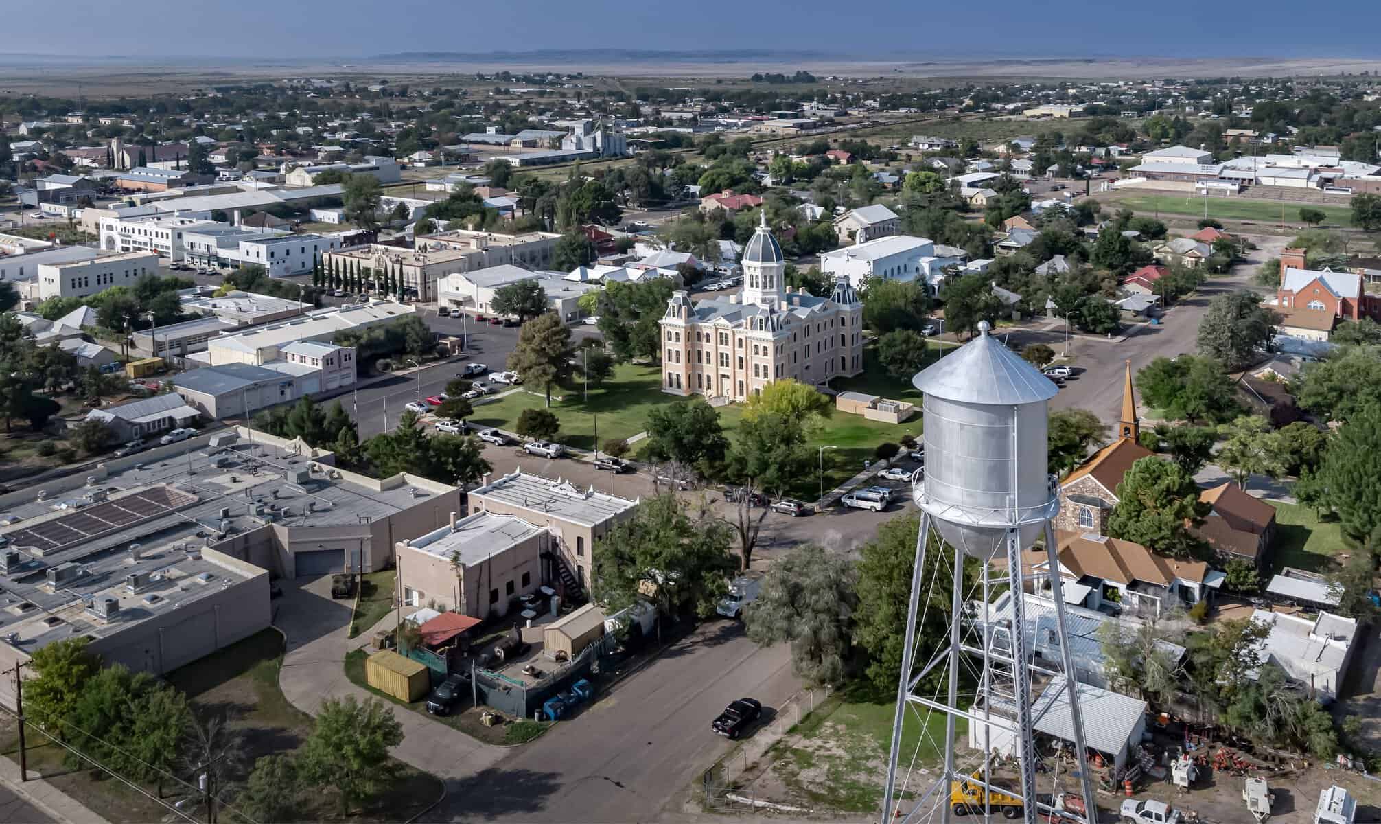 Aerial view of downtown Marfa, Texas with its courthouse and water tower