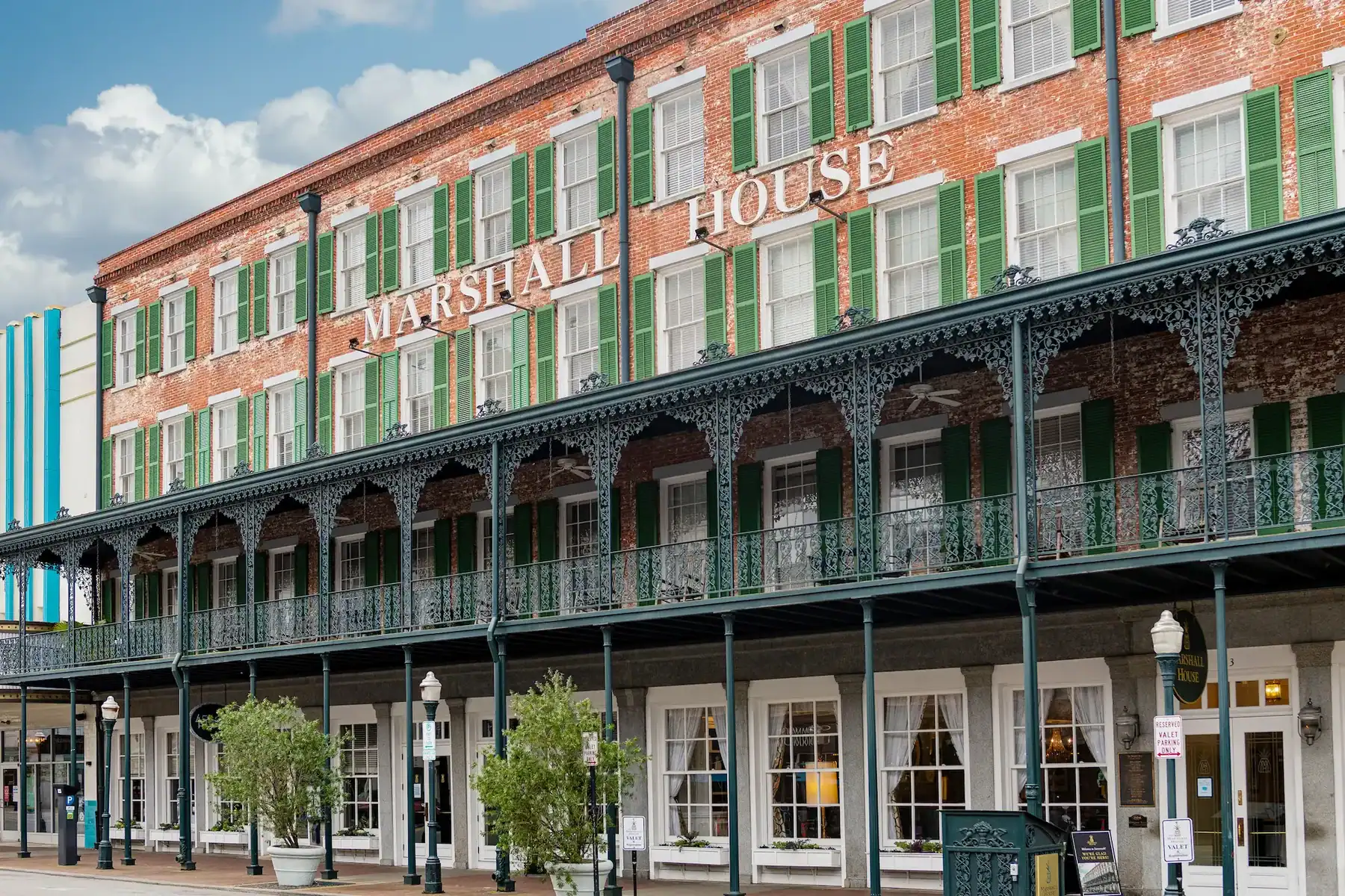 The Marshall House exterior with wrought iron balconies in Savannah, Georgia