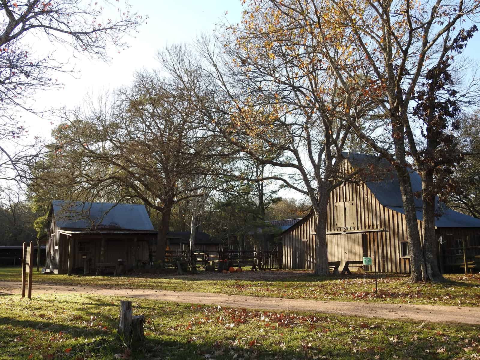 Historic Martyn Farm buildings beneath live oaks at Armand Bayou Nature Center in Pasadena, Texas