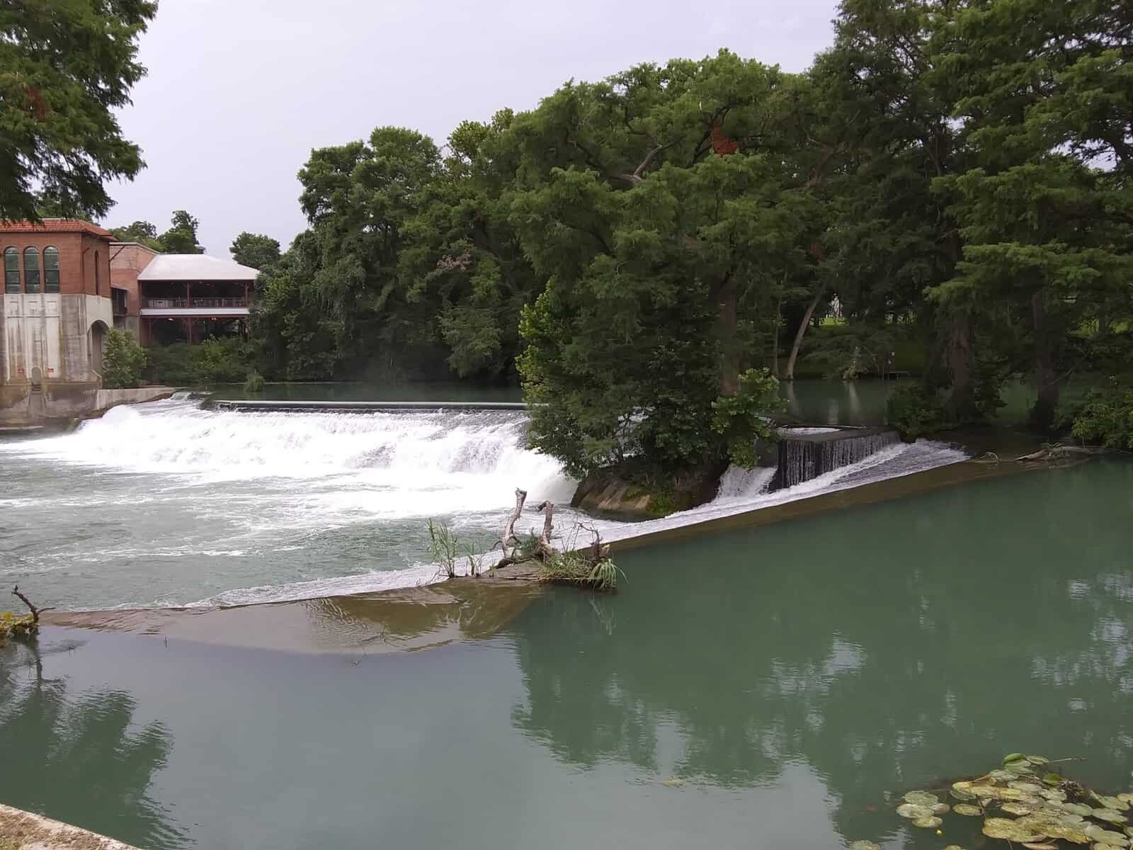 The waterfall and dam at Max Starcke Park on the Guadalupe River in Seguin, Texas