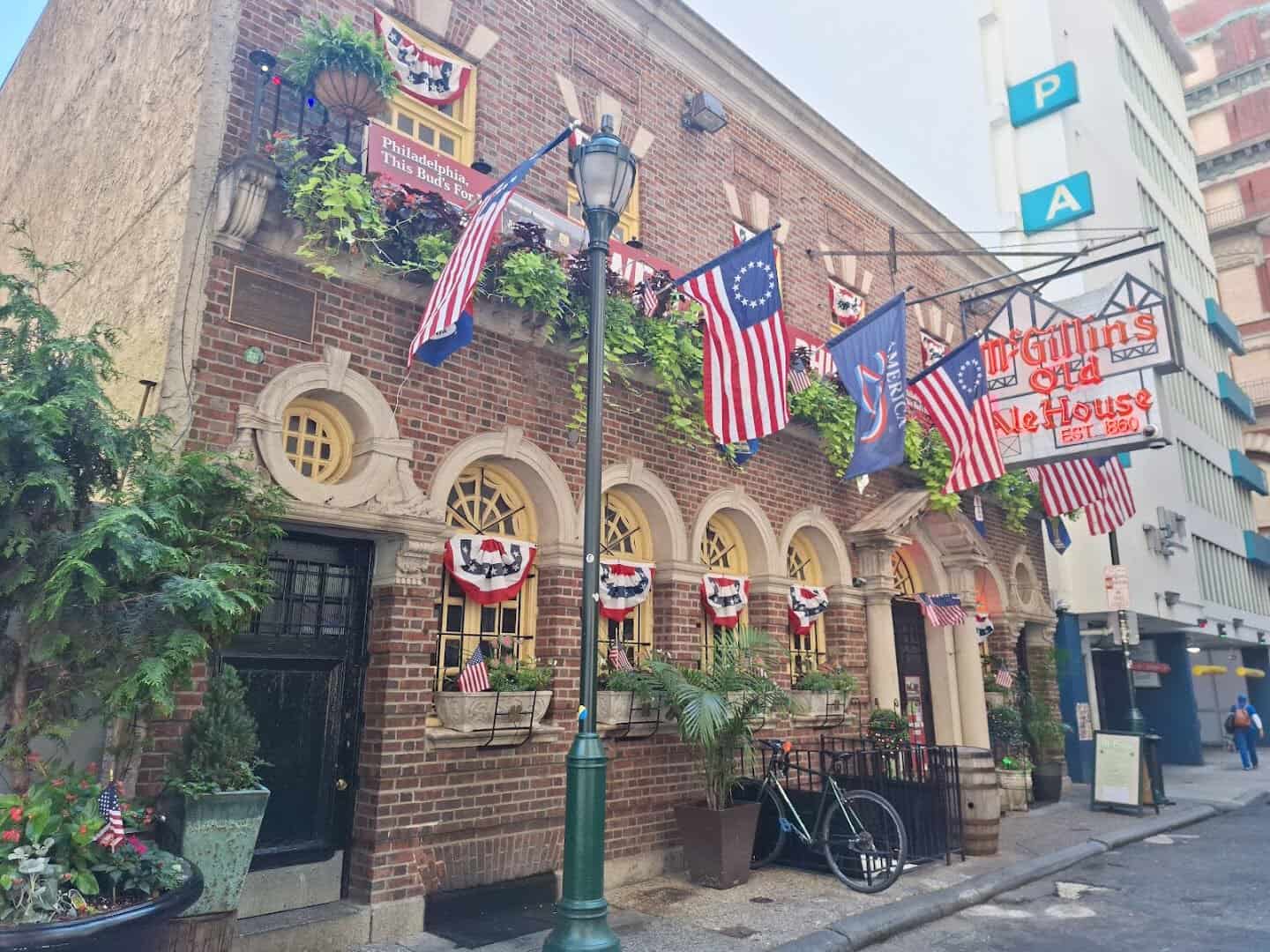 Historic brick facade of McGillin's Olde Ale House in Philadelphia, Pennsylvania