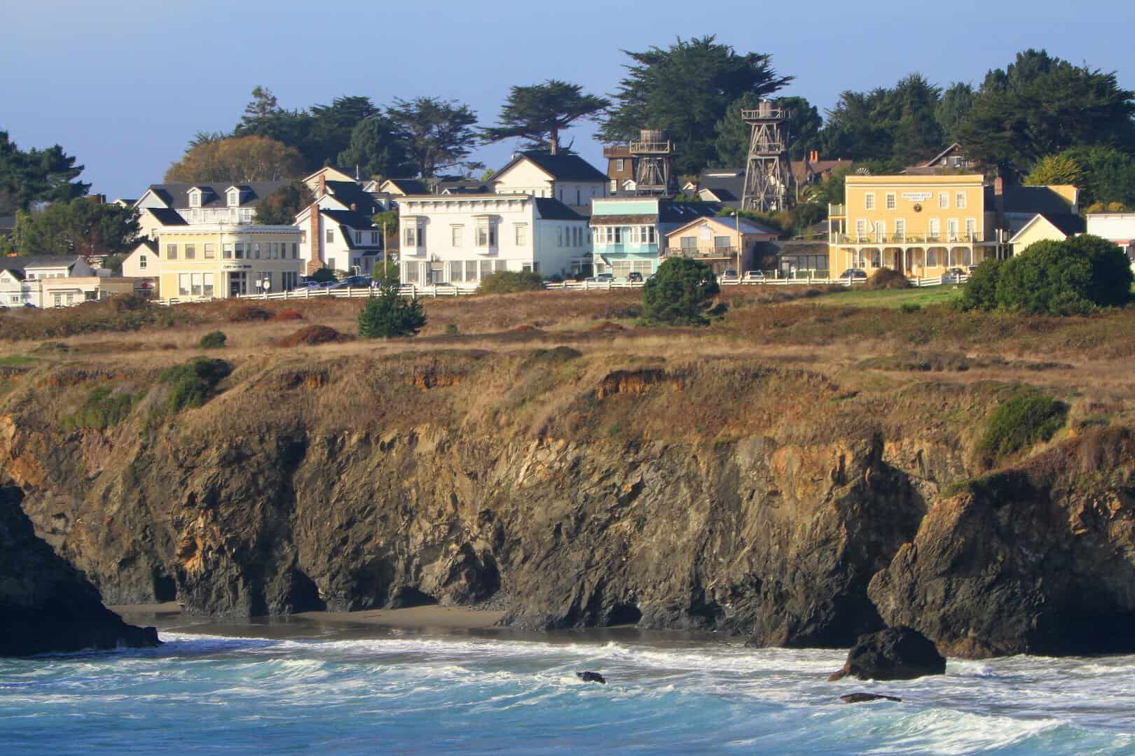 Victorian village on the headland bluff above the Pacific in Mendocino, California