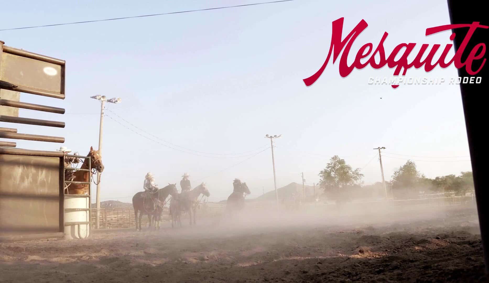 The Mesquite Championship Rodeo logo above the arena in Mesquite, Texas
