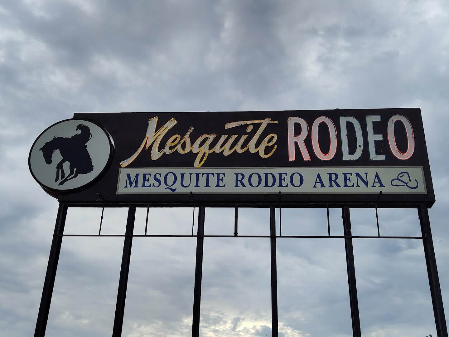 The Mesquite Rodeo Arena marquee sign in Mesquite, Texas
