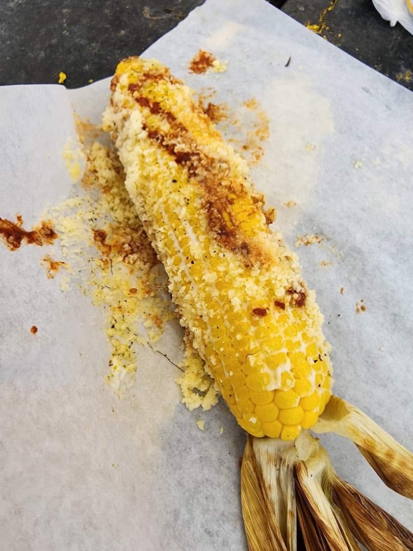 Grilled Mexican street corn with chili and cheese at Austin Country Flea Market