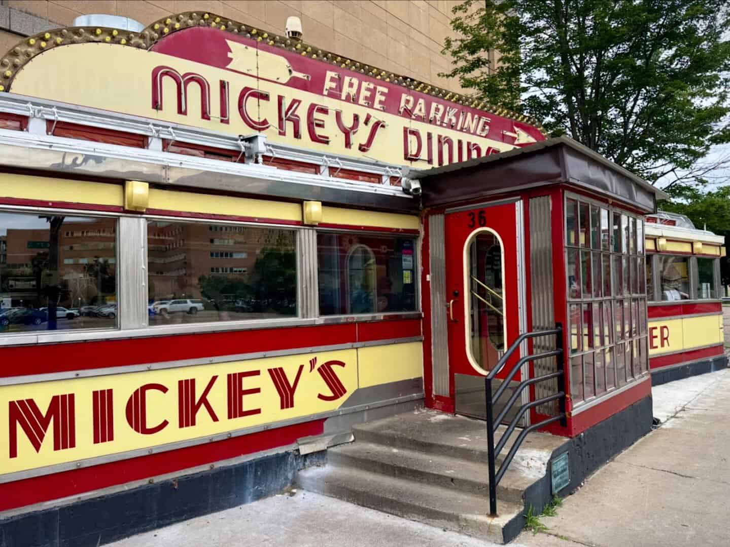 Mickey's Diner red and yellow railcar exterior in Saint Paul, Minnesota