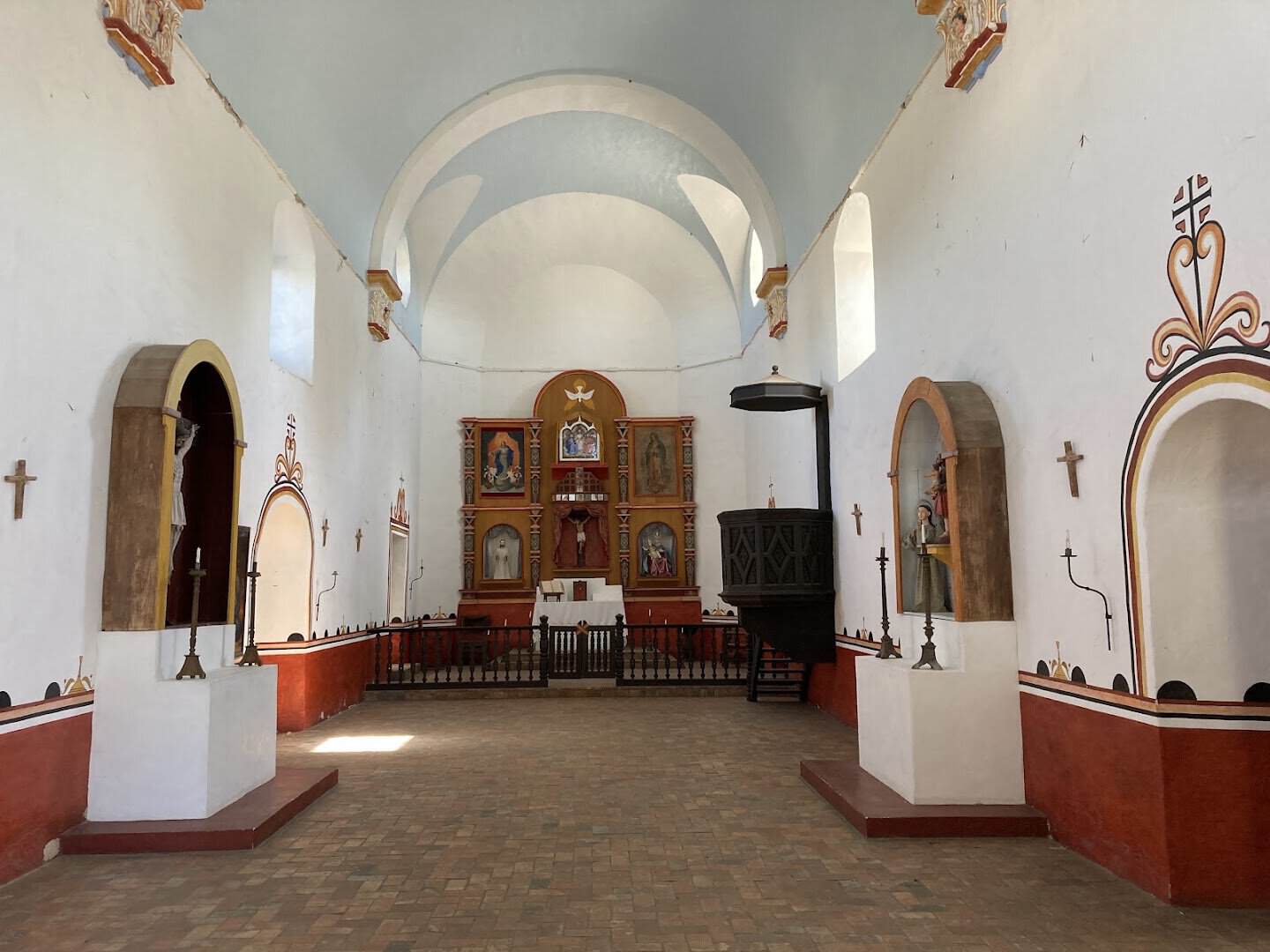 Interior of the restored Mission Espiritu Santo church at Goliad State Park, Texas