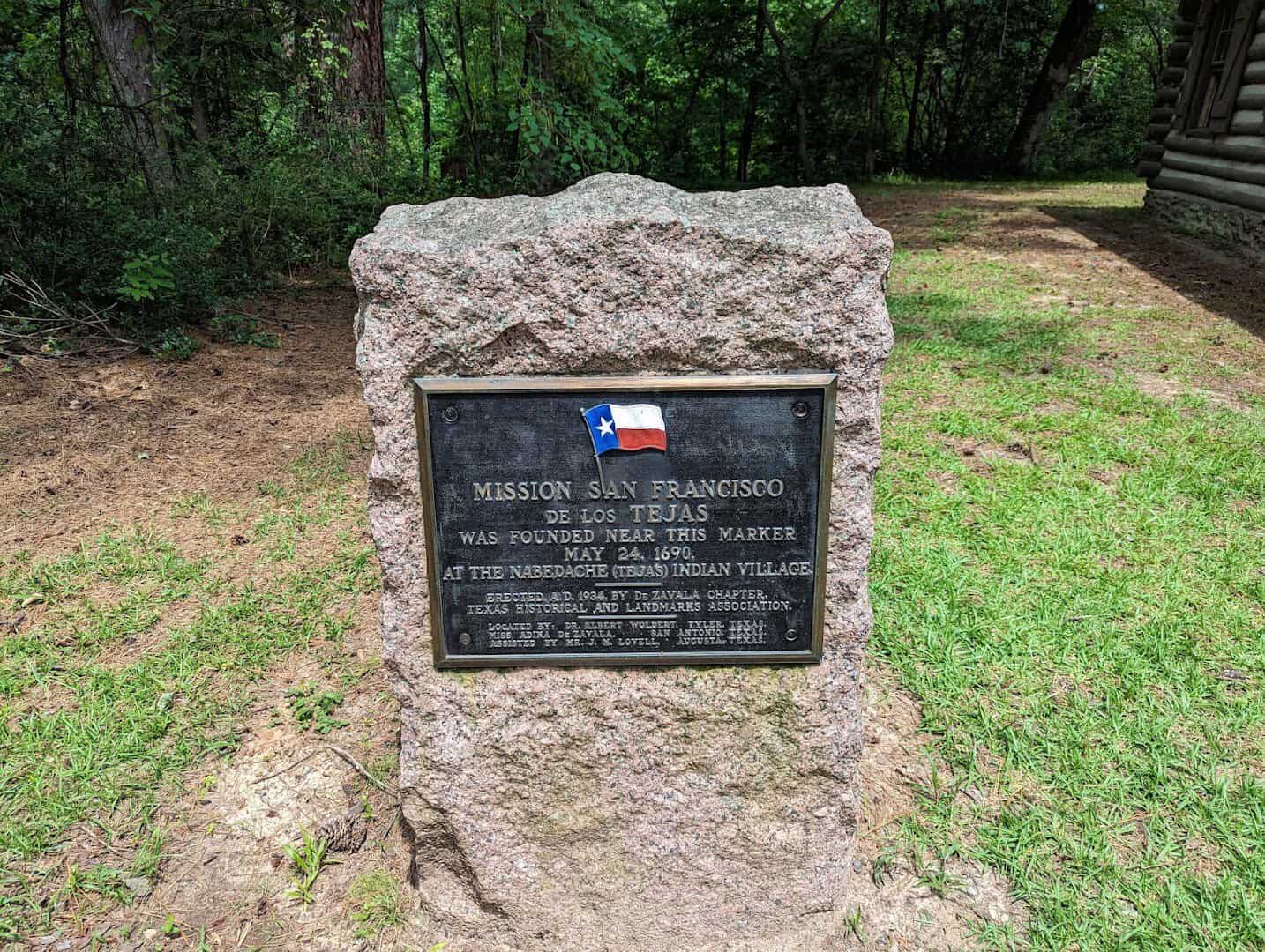 Historical marker for Mission San Francisco de los Tejas at Mission Tejas State Park