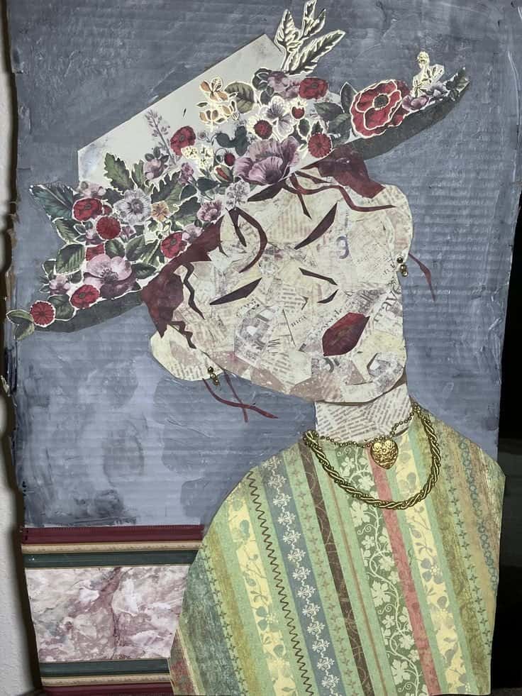 Mixed media collage artwork at Pegasus Creative Reuse in Dallas