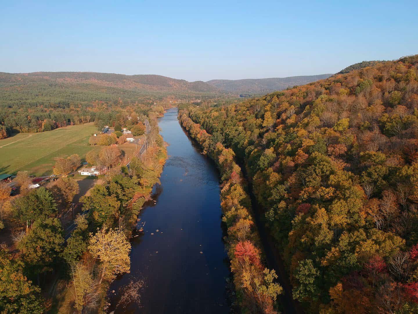 Aerial view of fall foliage along the Mohawk Trail river valley Massachusetts
