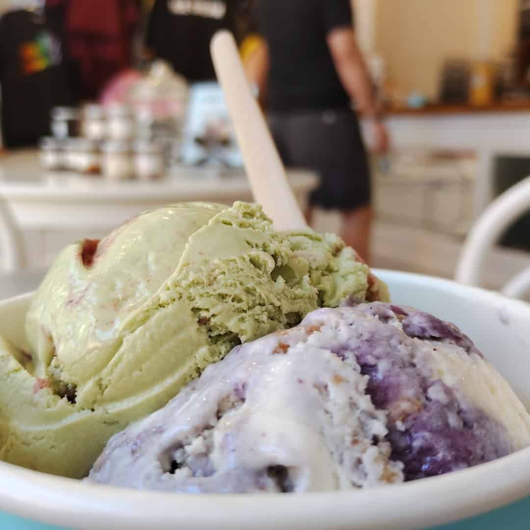 Scoops of pistachio and berry ice cream at Molly Moon's in Seattle, Washington