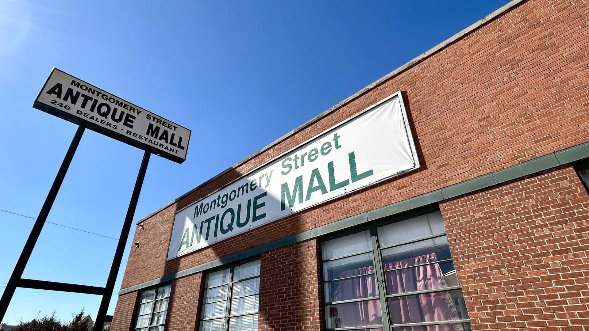 Exterior sign for Montgomery Street Antique Mall in Fort Worth, Texas