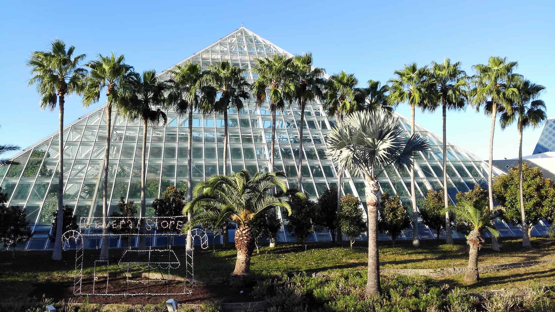 The landscaped grounds and glass pyramid at Moody Gardens in Galveston, Texas
