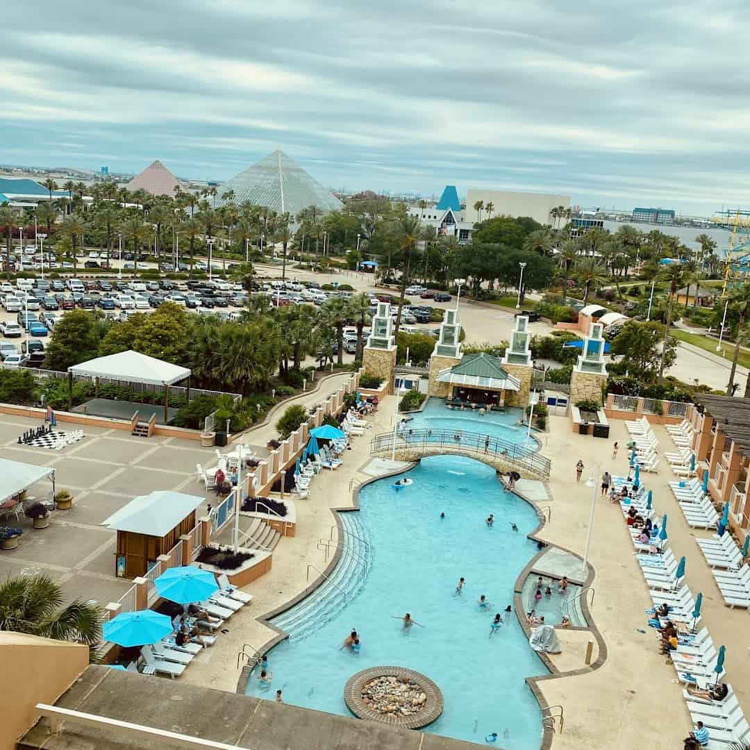 The pool and lazy river at Palm Beach at Moody Gardens in Galveston, Texas