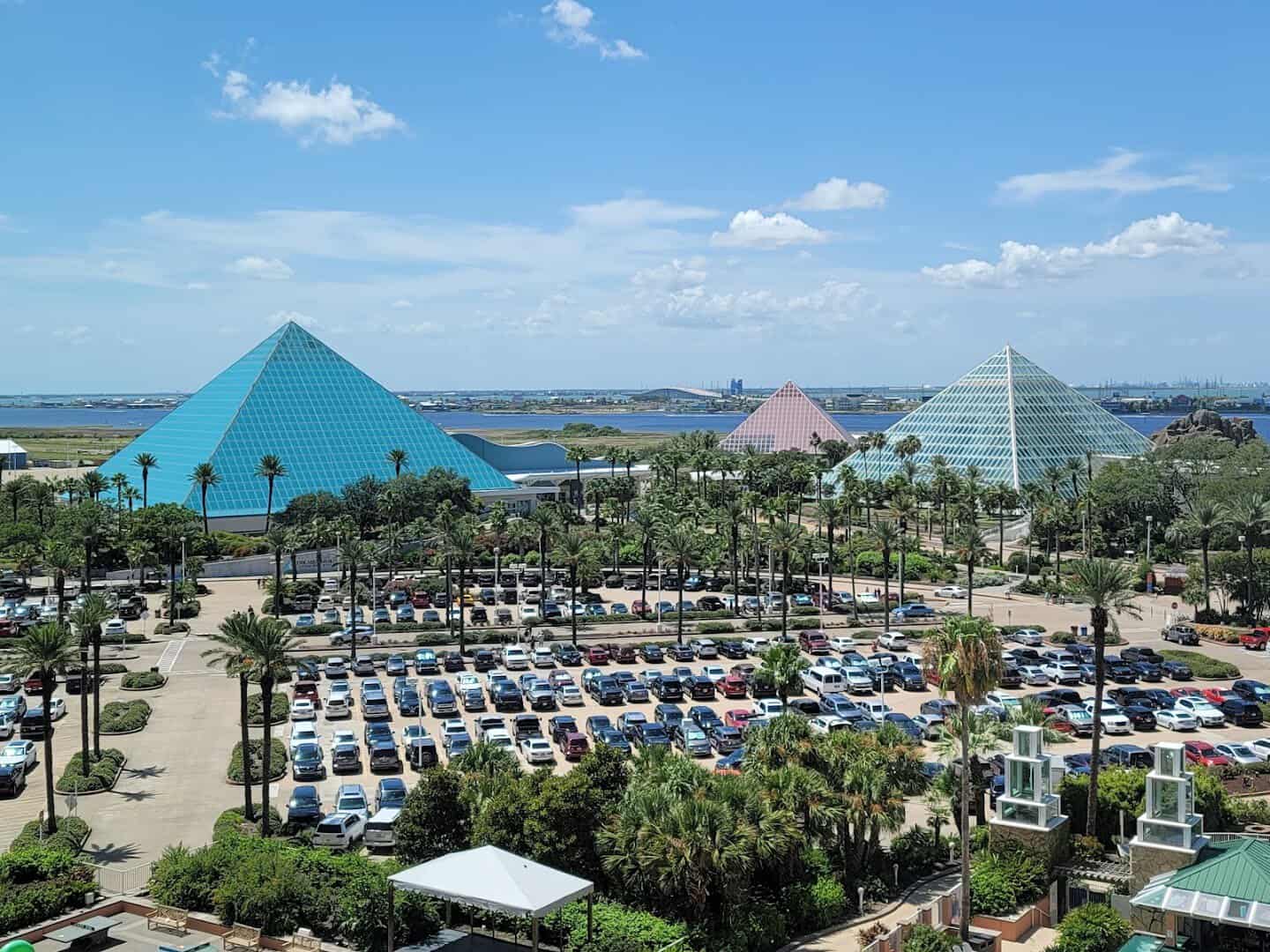 Moody Gardens glass pyramids framed by palm trees in Galveston, Texas