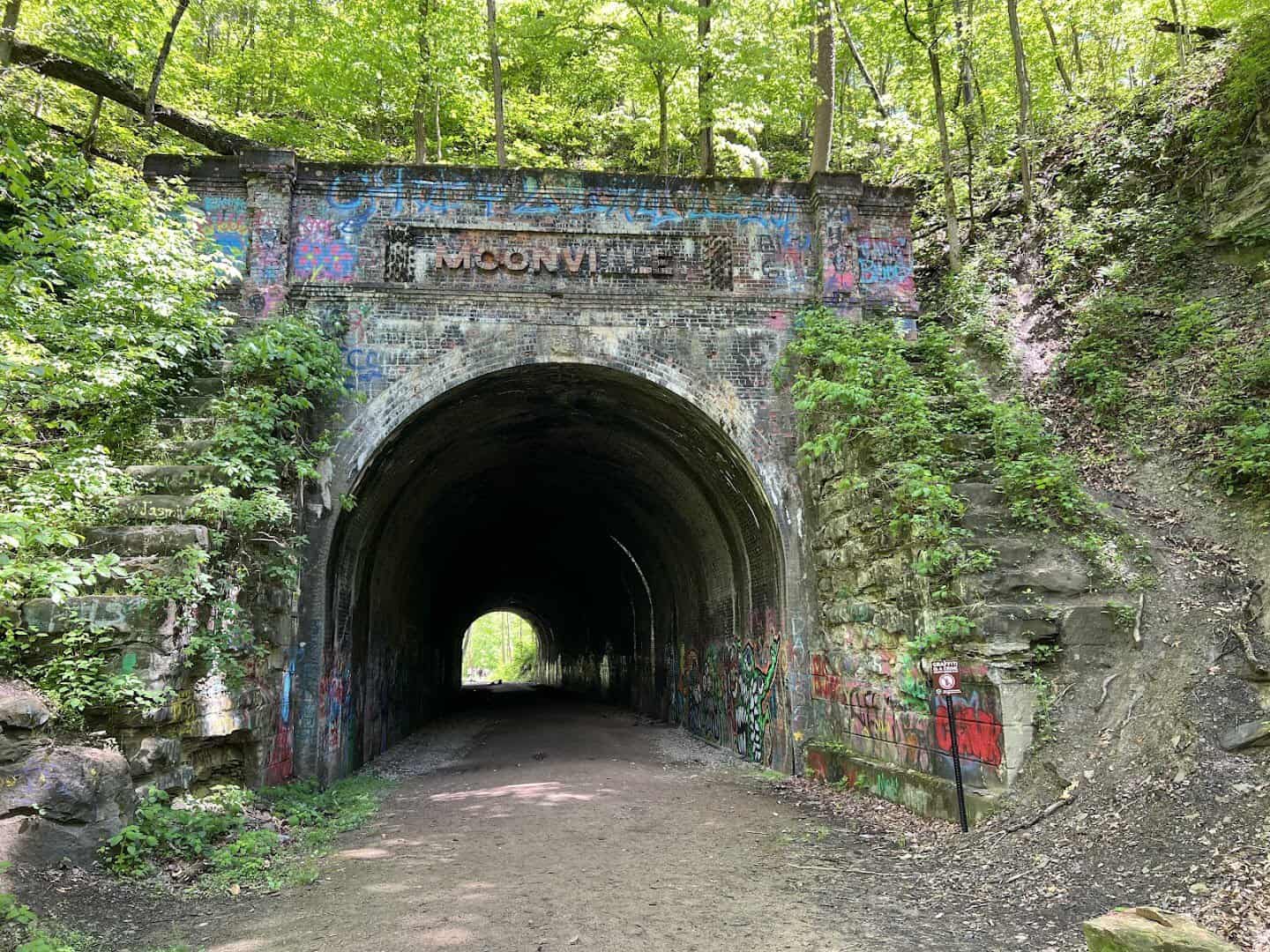 The graffiti-covered portal of Moonville Tunnel near McArthur, Ohio
