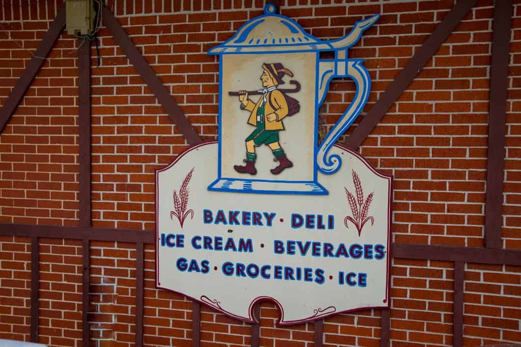 Half-timbered German fachwerk bakery and deli building in Muenster, Texas