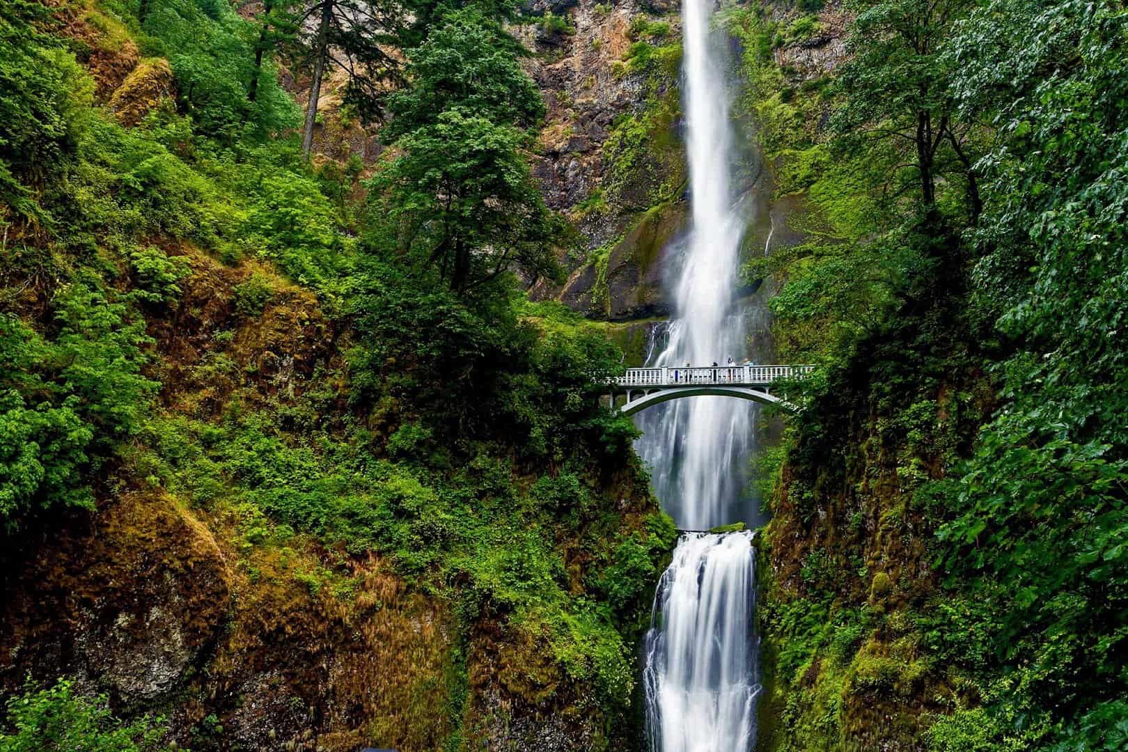 Multnomah Falls and its footbridge on the Historic Columbia River Highway in Oregon