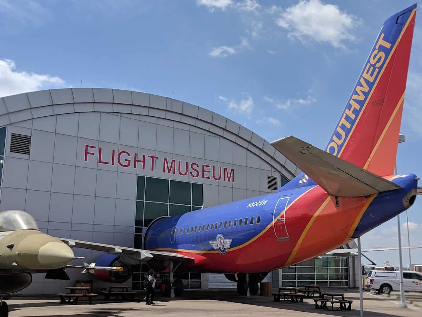 Exterior of the Frontiers of Flight Museum with a Southwest jet and sign in Dallas