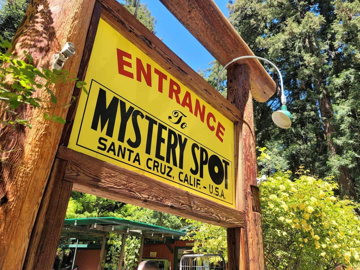 Mystery Spot entrance sign in the redwoods near Santa Cruz, California