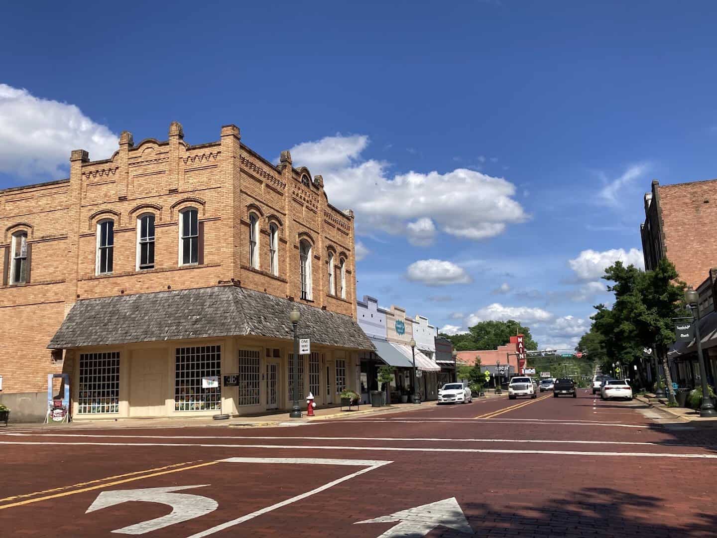 Historic brick corner building in downtown Nacogdoches, Texas