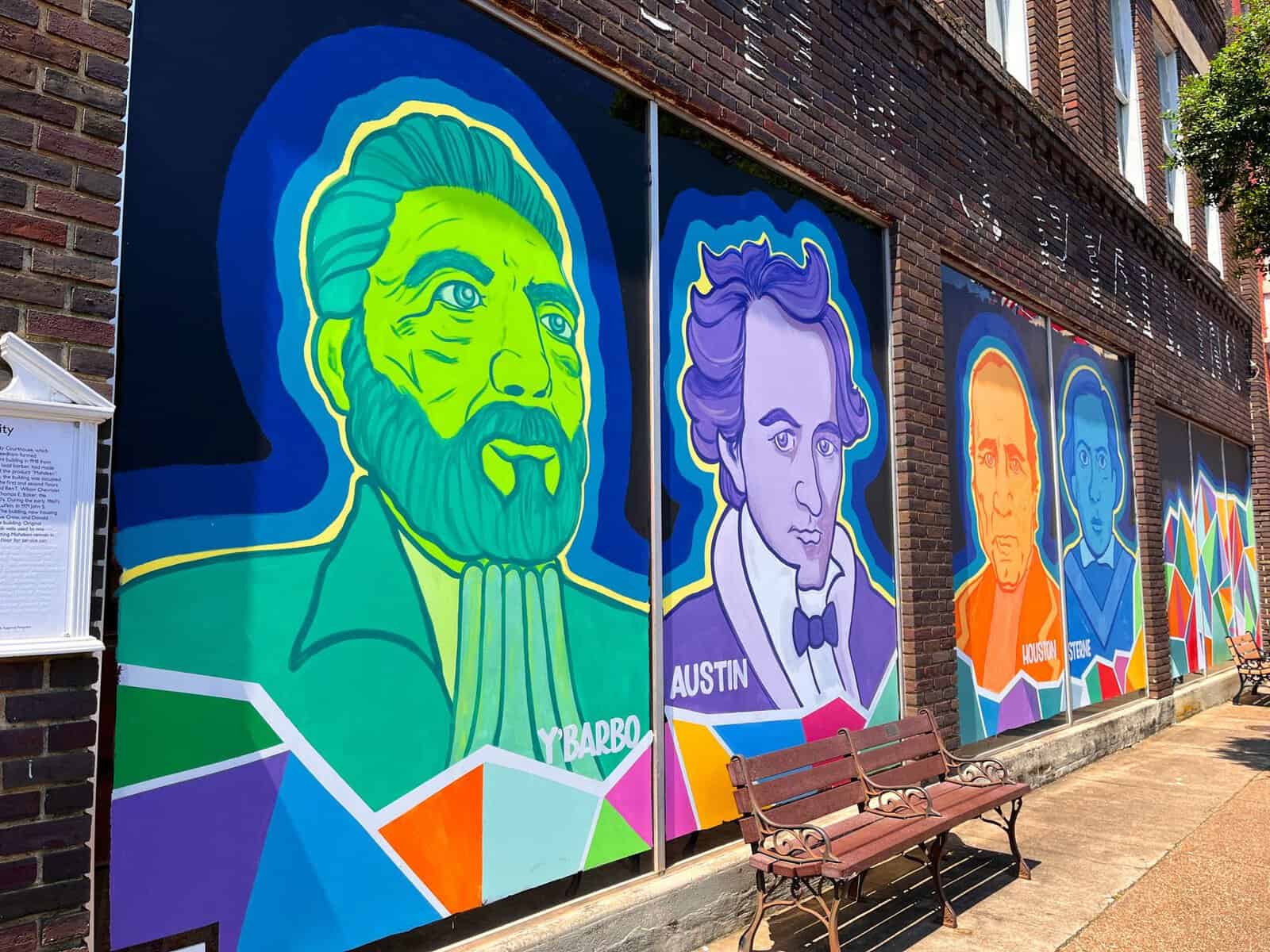 Colorful downtown mural of historic Texas figures in Nacogdoches, Texas