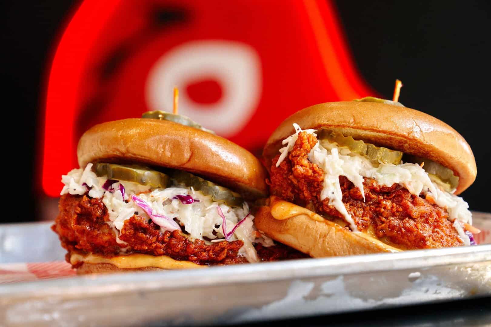 Nashville hot chicken sandwiches with slaw and pickles at Hattie B's