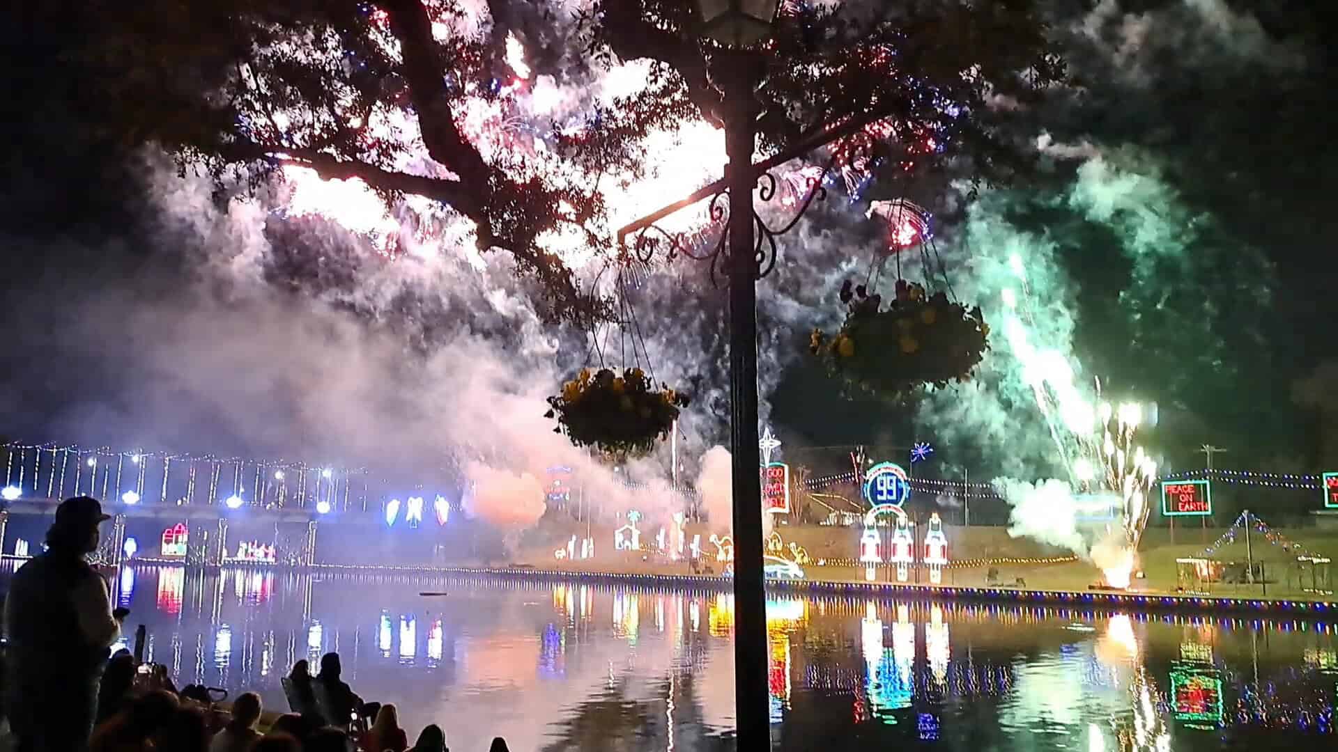 Fireworks over the lit riverbank Festival of Lights in Natchitoches, Louisiana