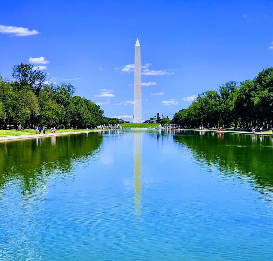 Washington Monument reflected in the pool on the National Mall, Washington DC