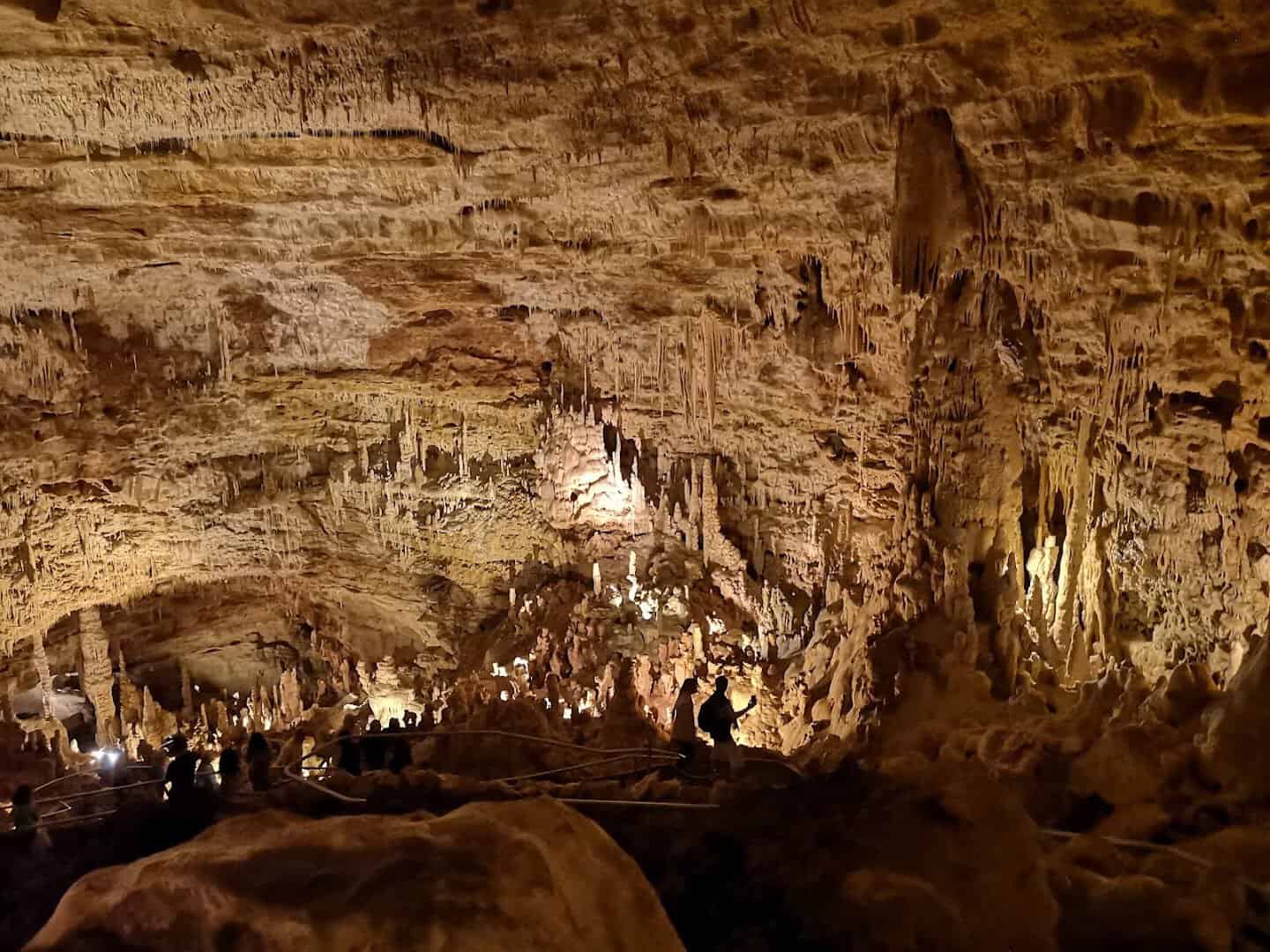 Illuminated cavern chamber and formations at Natural Bridge Caverns, Texas