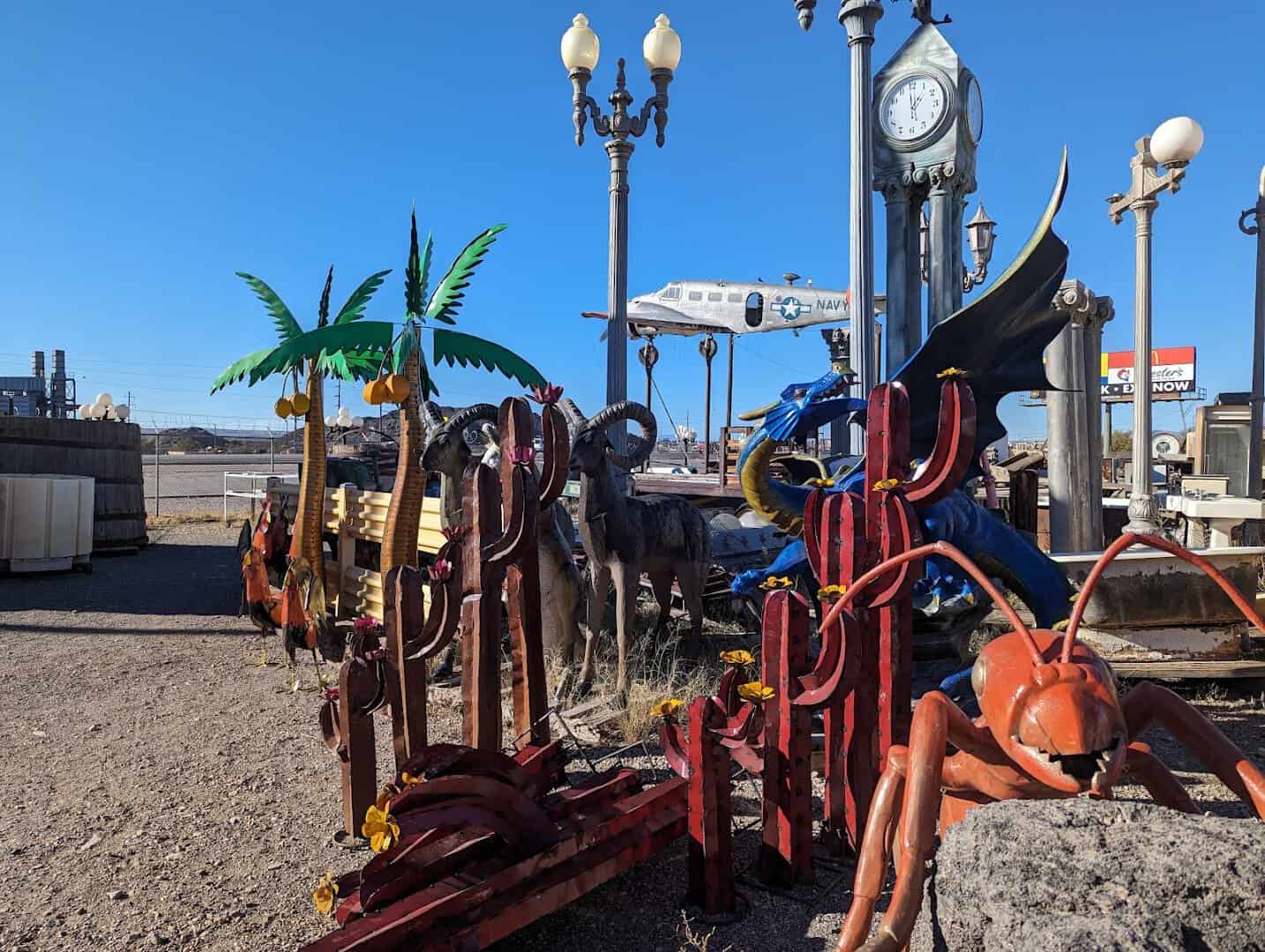 A retired Navy plane raised on a mount out front of The Whoopee Bowl Antique Mall in Canutillo, Texas