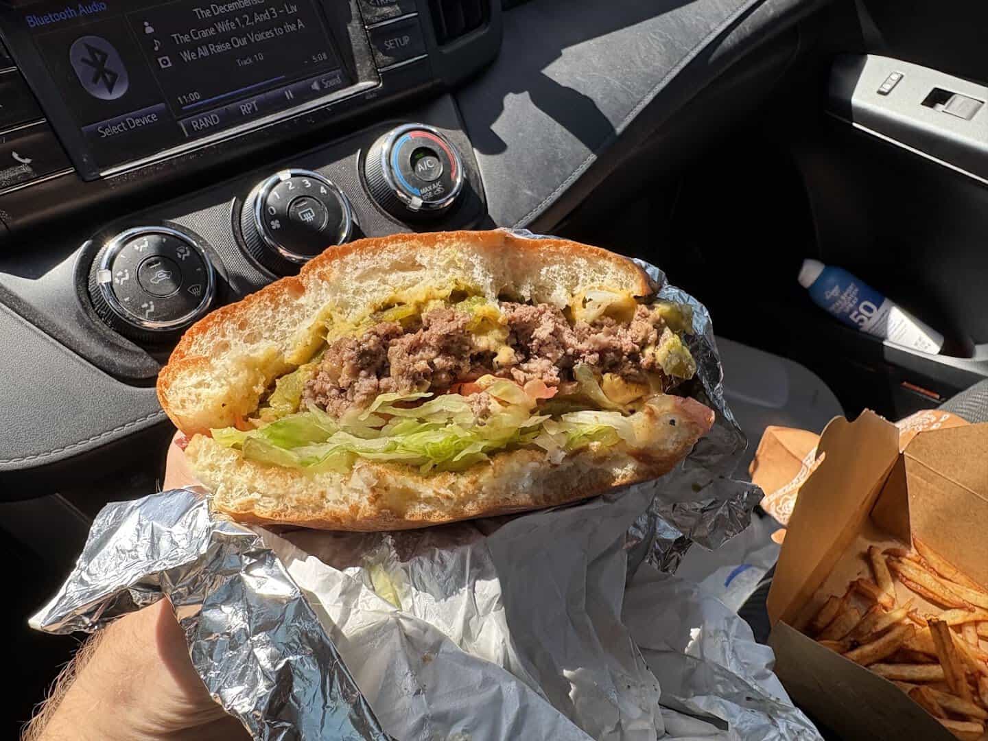 Green chile cheeseburger with fries in New Mexico