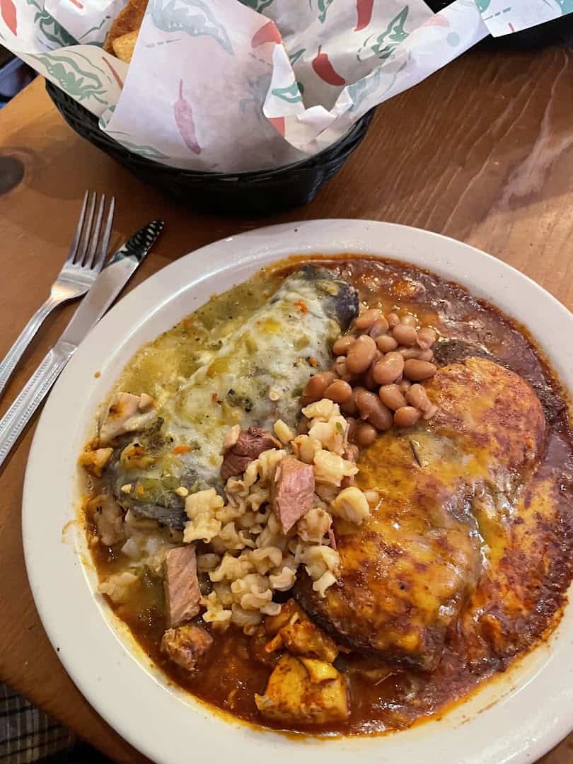New Mexican green chile plate with beans and posole at The Shed in Santa Fe