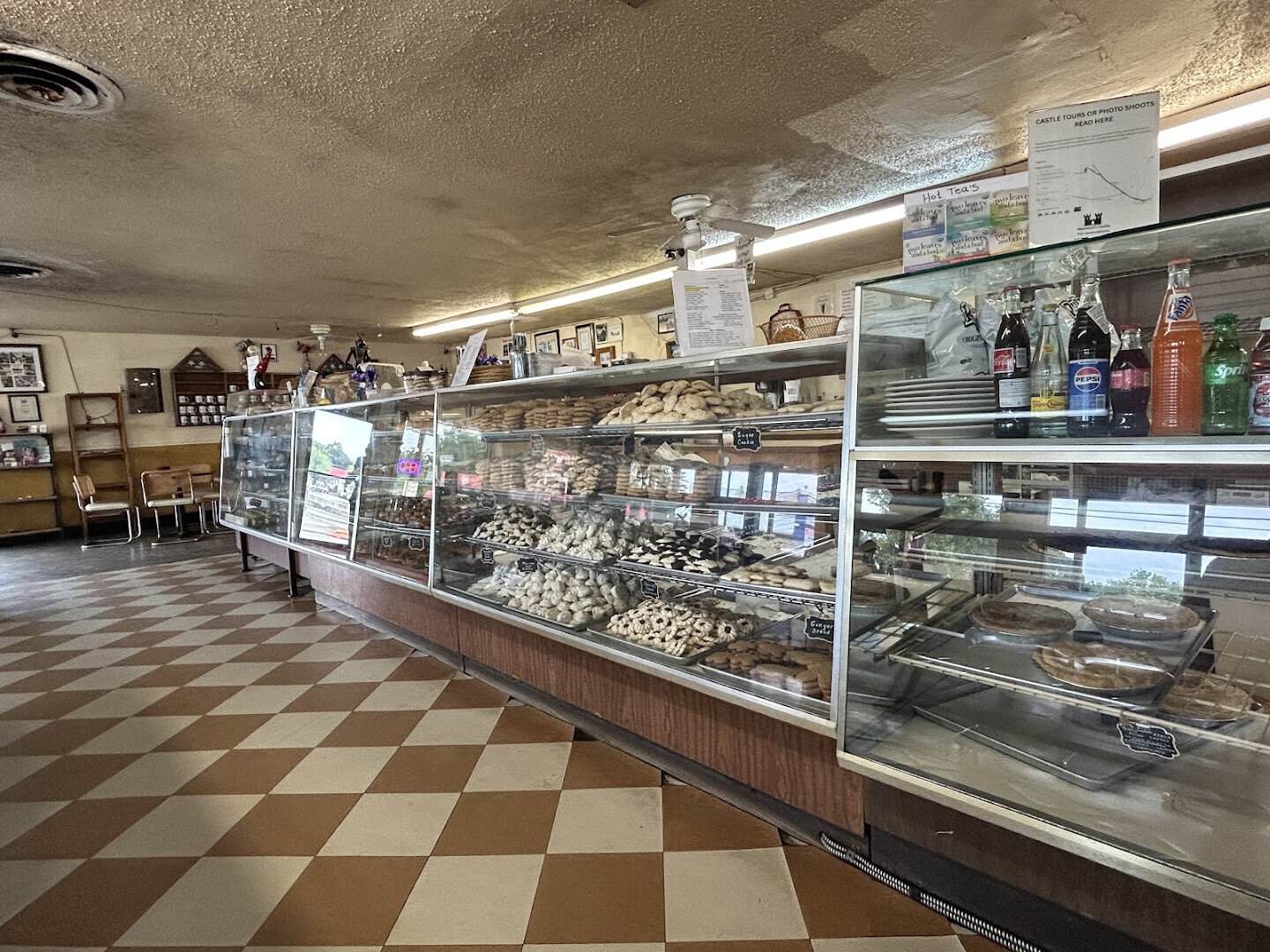 Long bakery counter and display cases at Newman's Bakery in Bellville, Texas