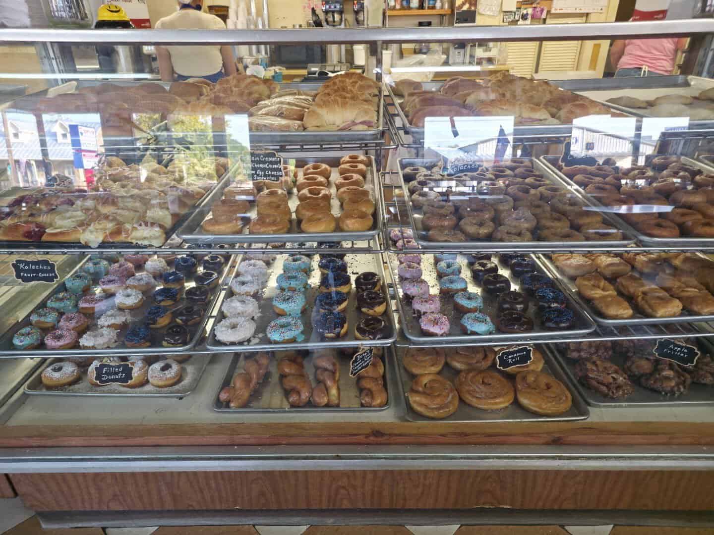 Case of doughnuts and muffins at Newman's Bakery in Bellville, Texas