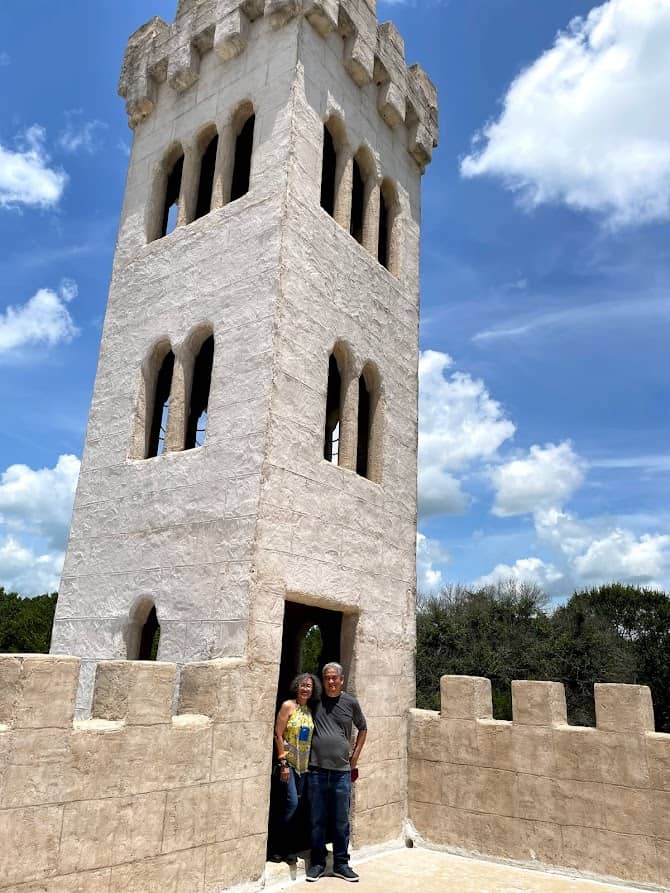 Tall stone bell tower at Newman's Castle in Bellville, Texas