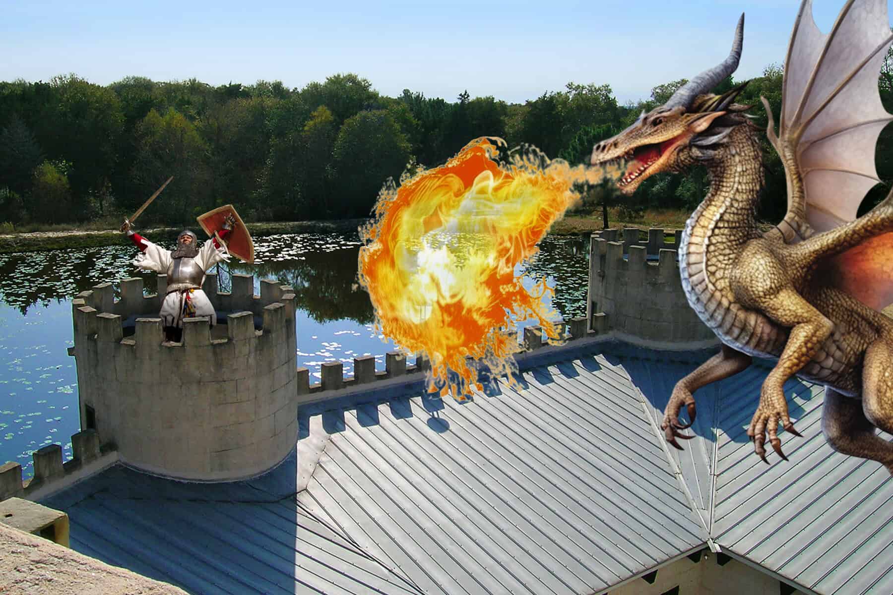 A knight facing a dragon atop the walls of Newman's Castle in Bellville, Texas