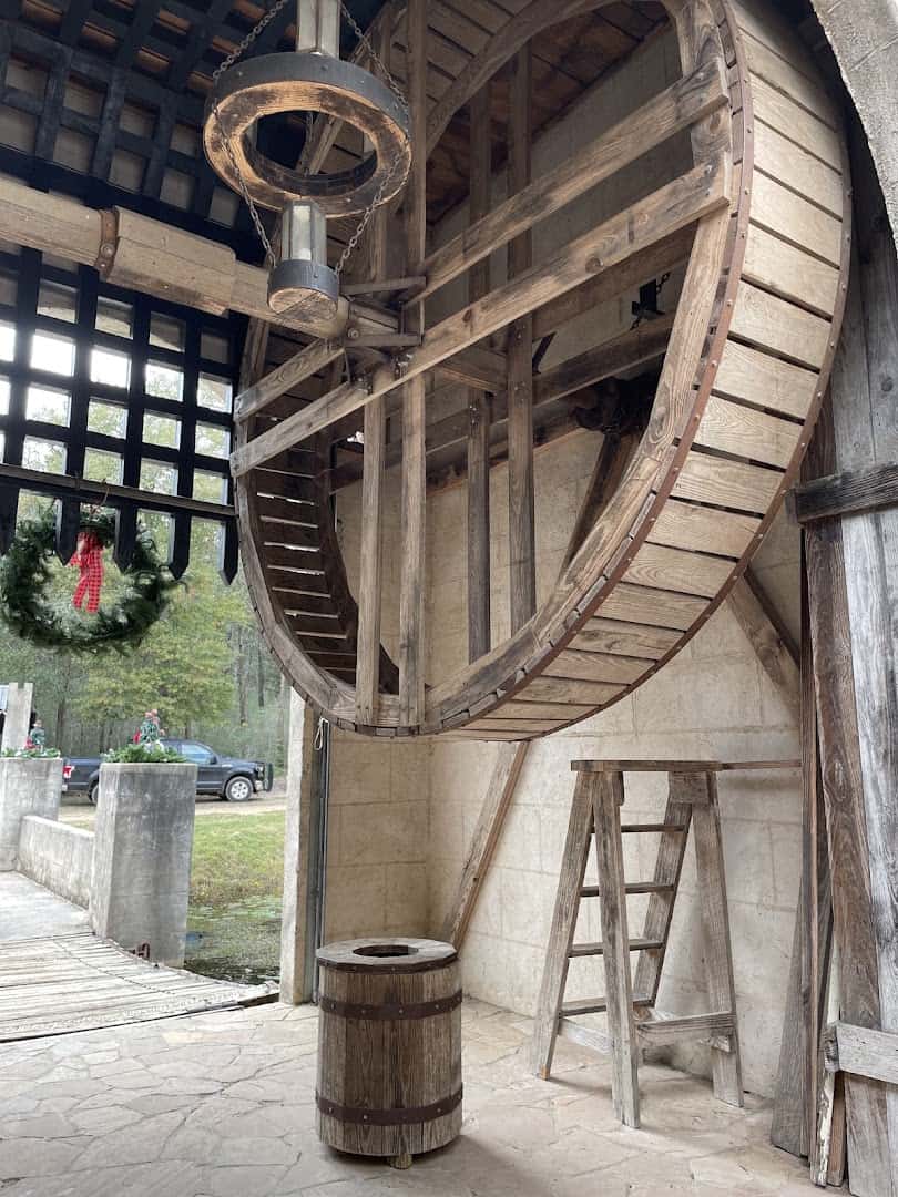The wooden trebuchet and treadwheel at Newman's Castle in Bellville, Texas