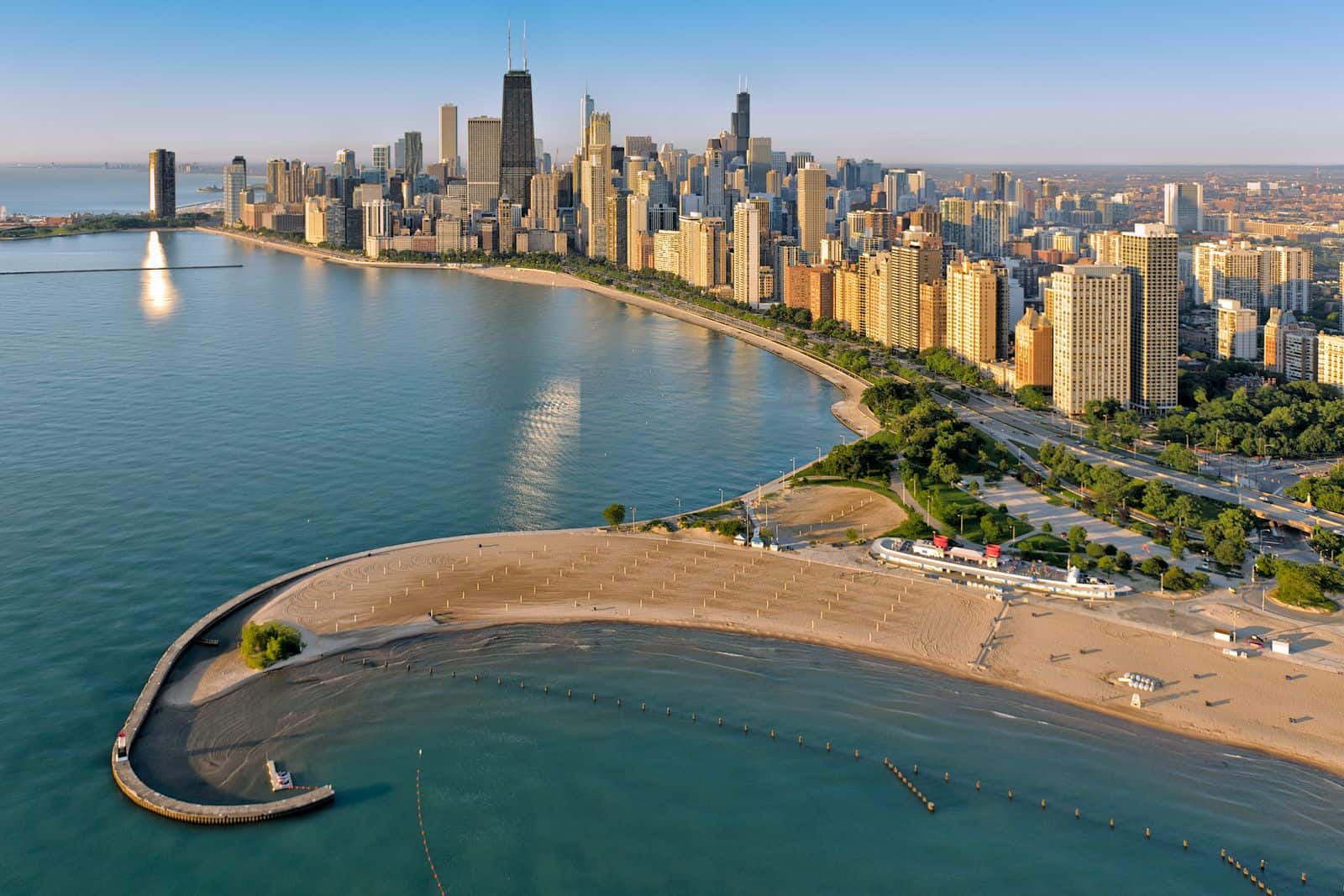 North Avenue Beach and the Chicago skyline along Lake Michigan, Chicago, Illinois