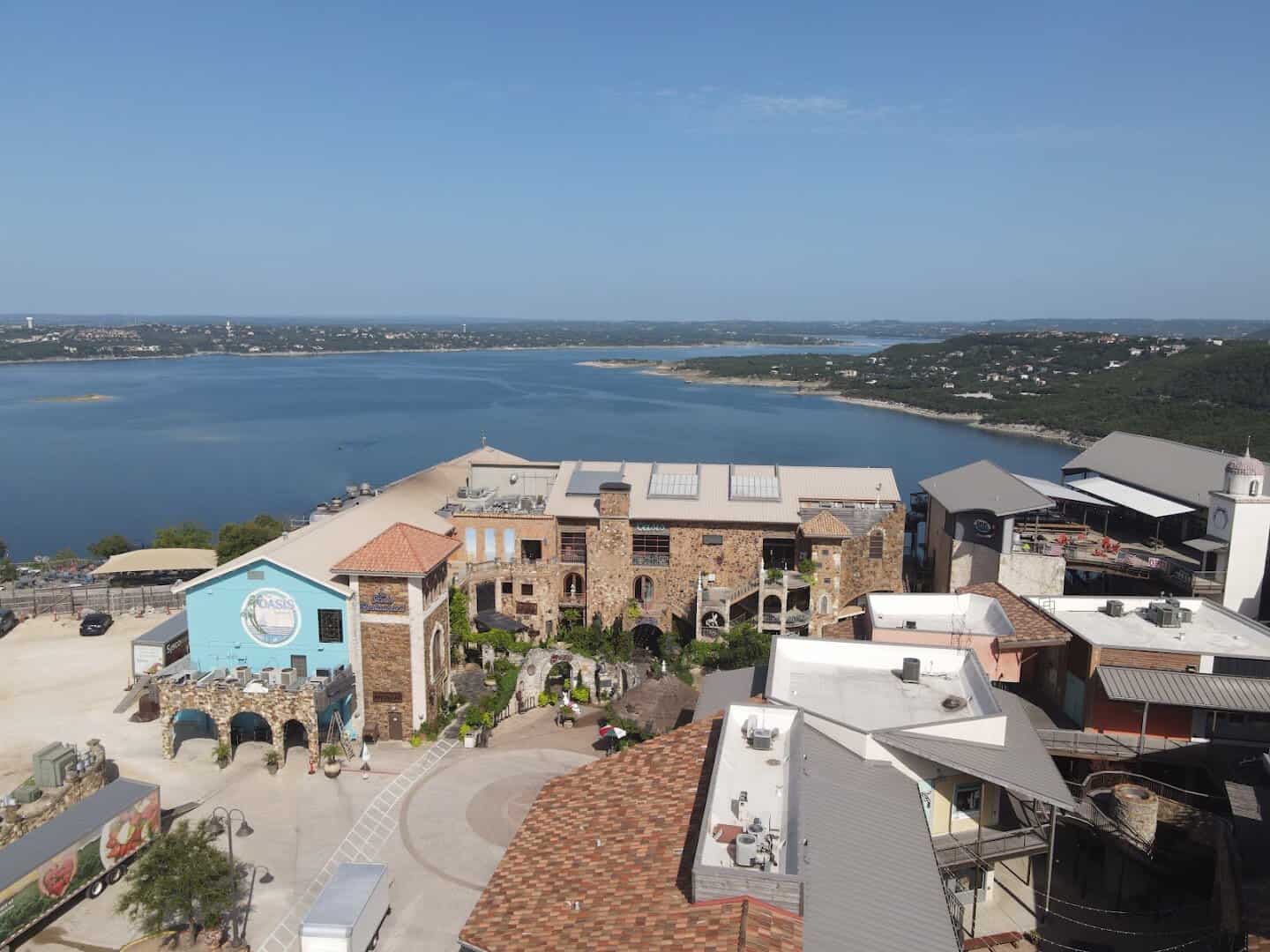Aerial view of The Oasis on Lake Travis restaurant complex above the lake in Austin
