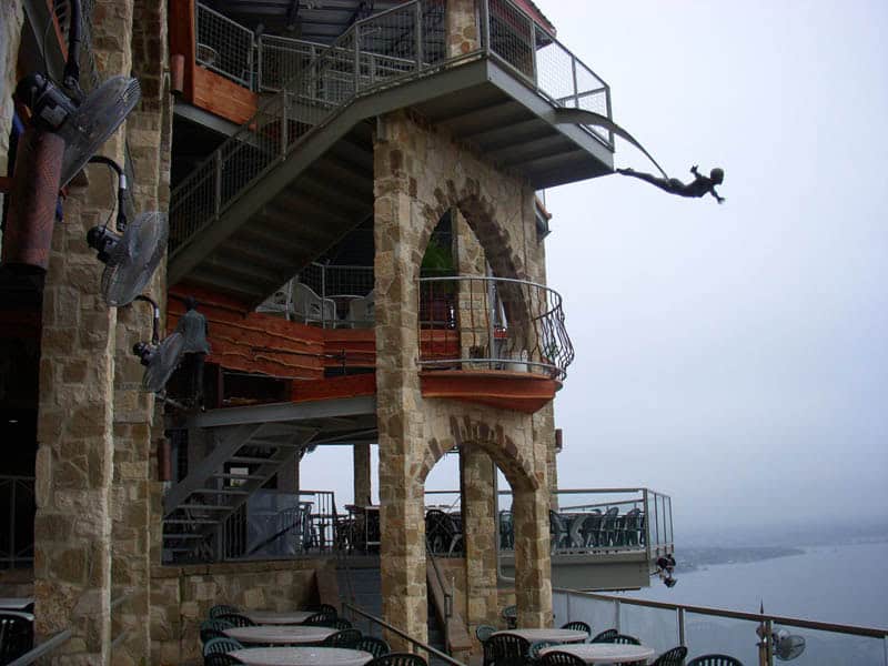 Stone tower architecture at The Oasis on Lake Travis in Austin