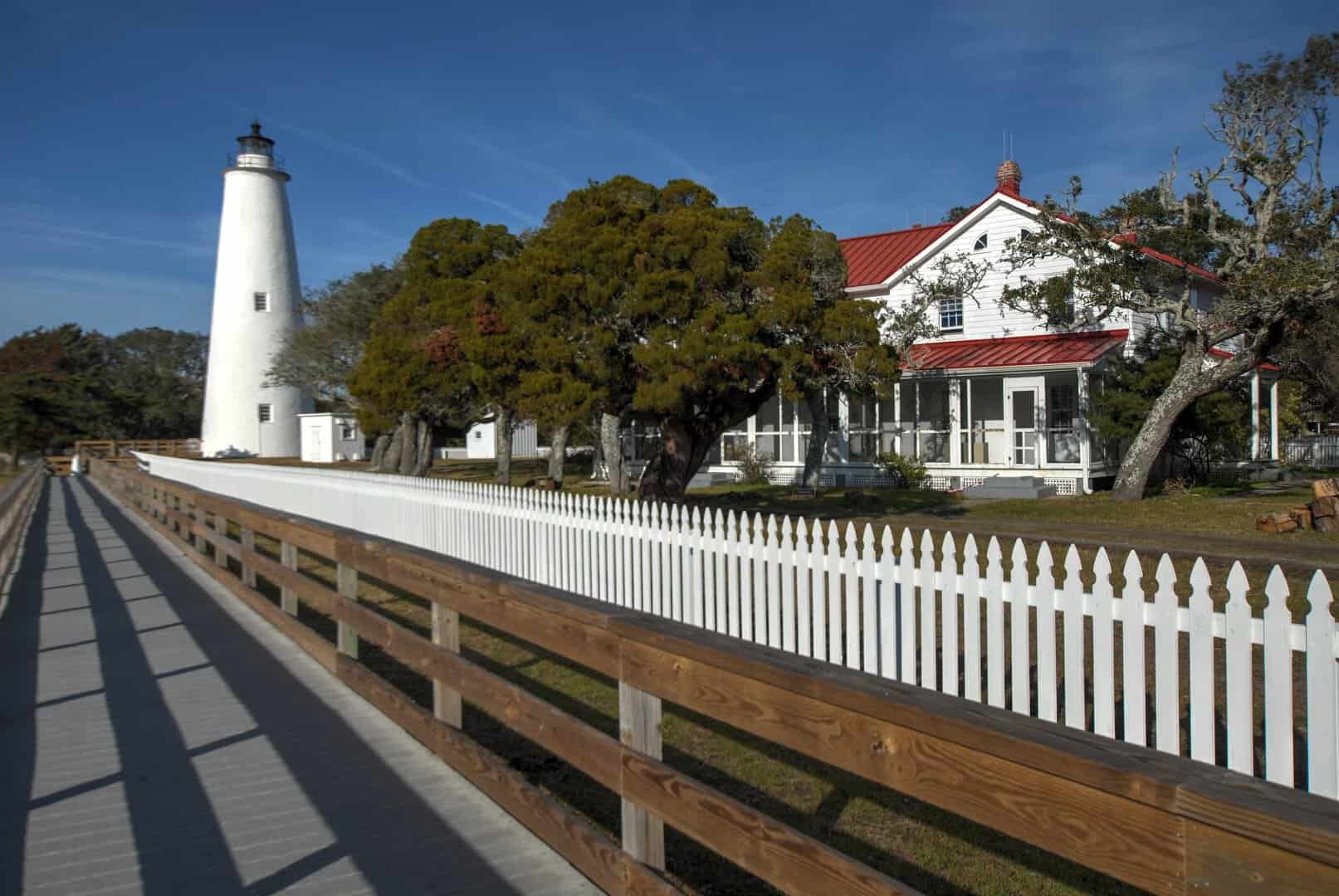 The white Ocracoke Lighthouse rising above the village on Ocracoke Island, North Carolina