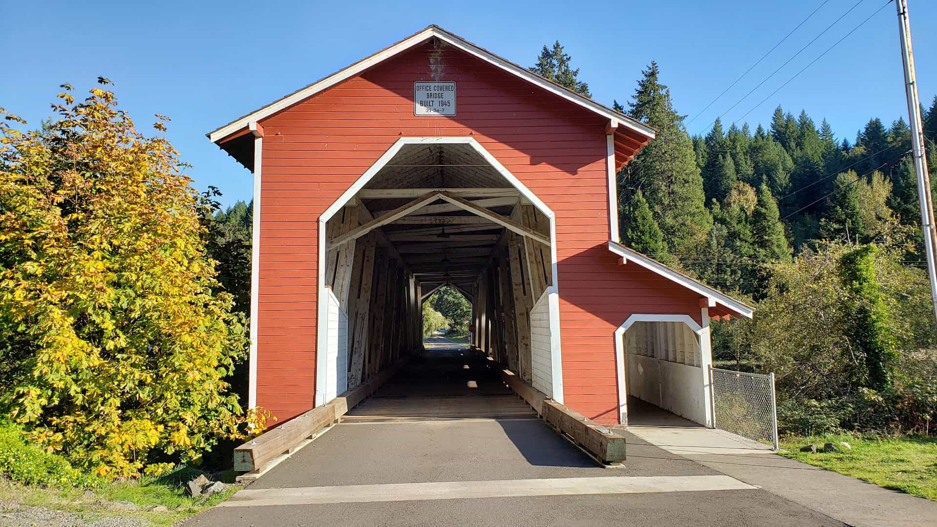 Office Covered Bridge in Westfir, Oregon, with fall foliage