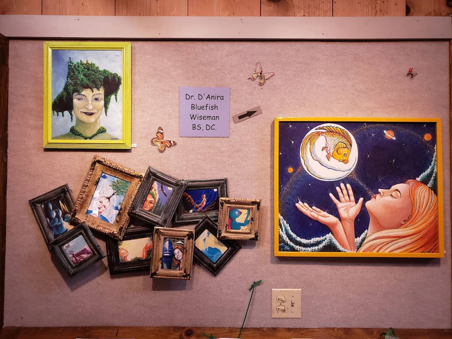 Whimsical framed paintings on display at the Ojai Art Center, Ojai, California