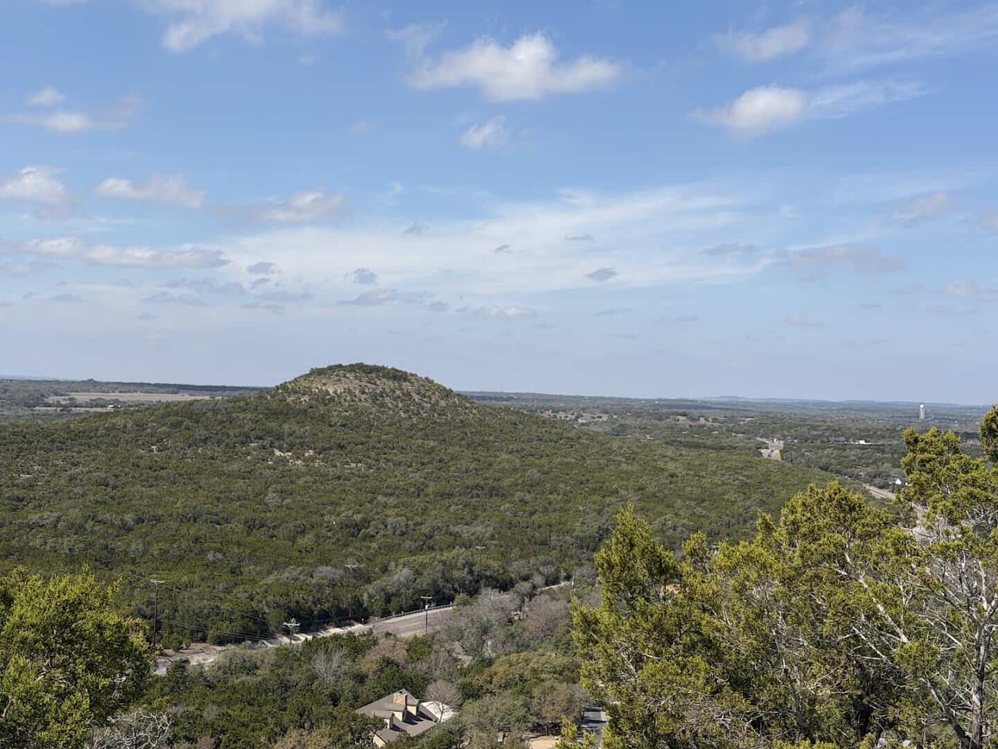 Panorama of the Wimberley valley and distant Hill Country ridges from Old Baldy