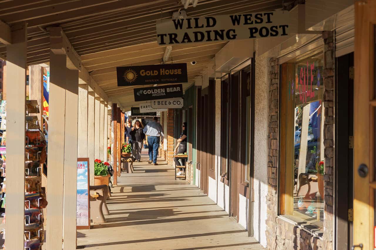 Covered storefront walkway of shops in Old Town Scottsdale, Arizona