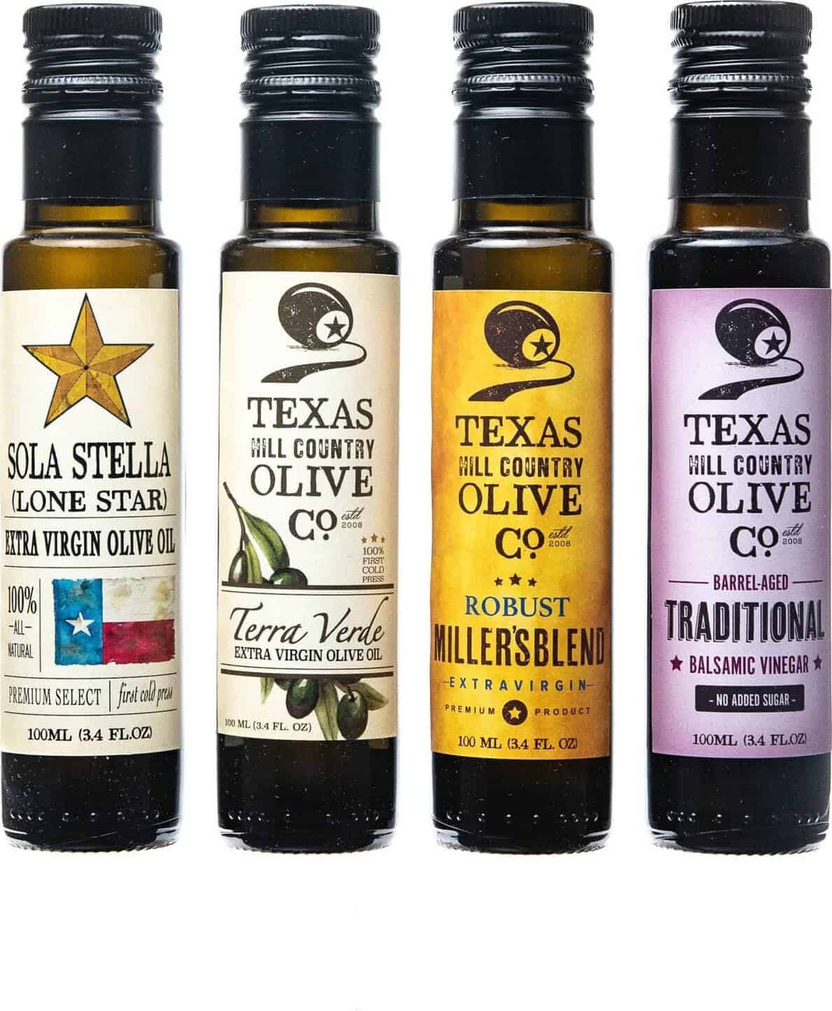 Sola Stella, Terra Verde, Millers Blend and balsamic bottles from Texas Hill Country Olive Co.