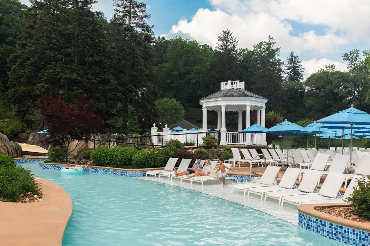 Outdoor mineral pool and spring pavilion at The Omni Homestead Resort in Hot Springs, Virginia