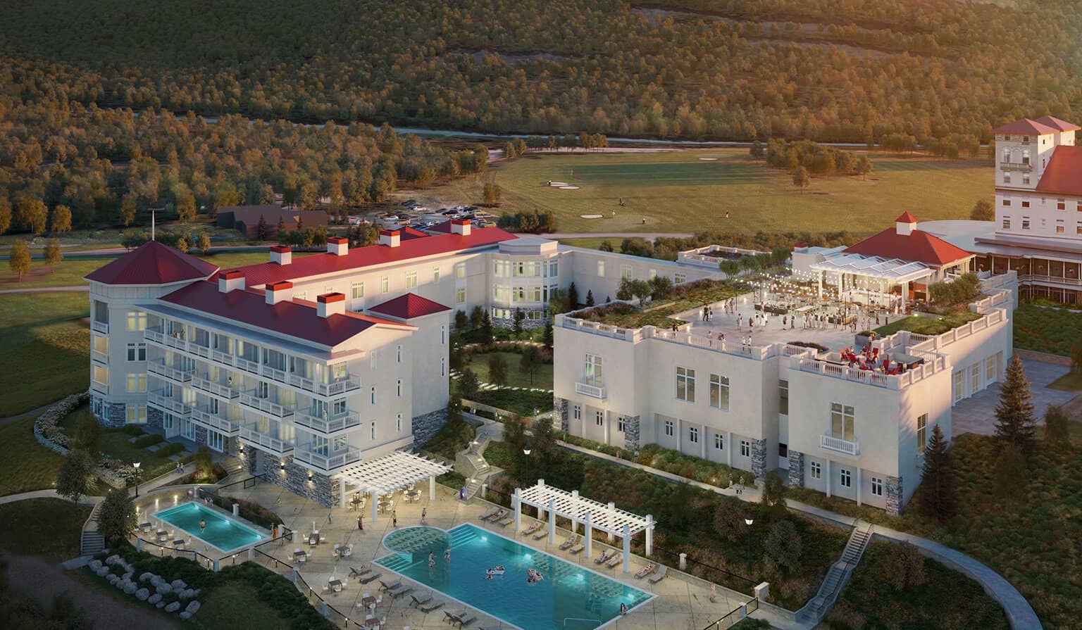 Omni Mount Washington Resort aerial view with pools and mountains in Bretton Woods, New Hampshire